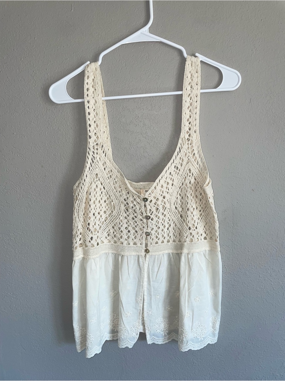 Crochet Lace Ivory Tank Top with Eyelet Hem